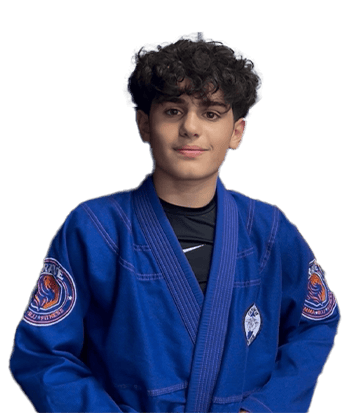 Young male Brazilian Jiu-Jitsu athlete in a blue gi with patches, standing confidently in front of a martial arts logo.